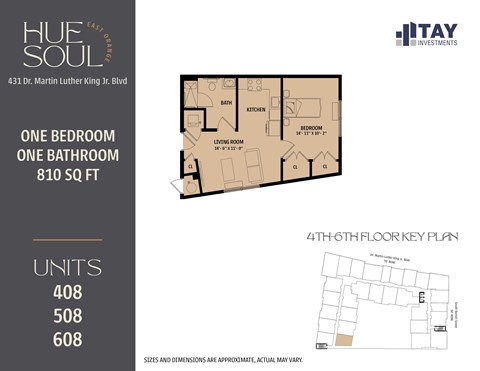 Floor plan for 1 bed, 1 bath, 597 sqft